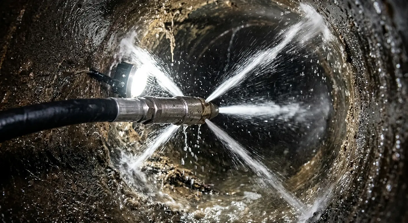 High-pressure hydro jetting nozzle cleaning sewer pipe for Emergency Drain Service in Wesley Chapel