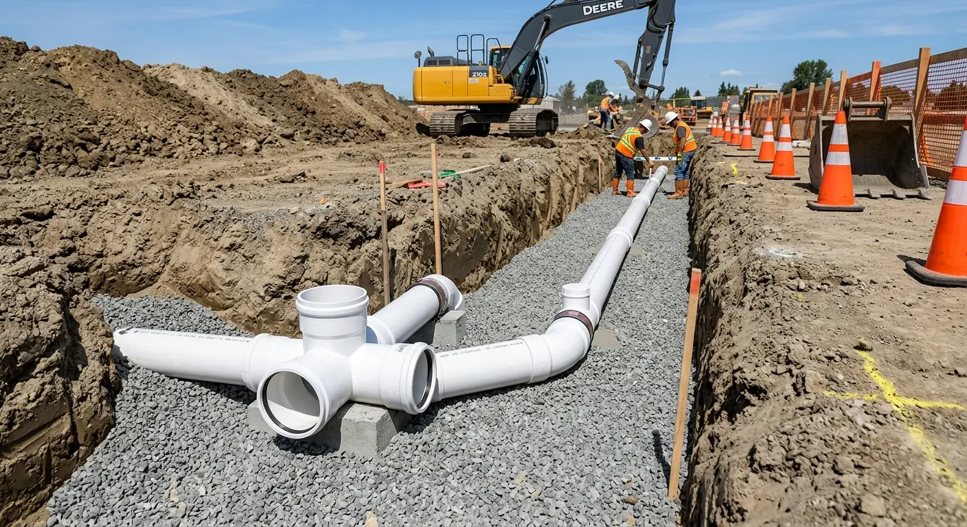New PVC sewer pipe installation in open trench for Commercial Drain Cleaning in Wesley Chapel