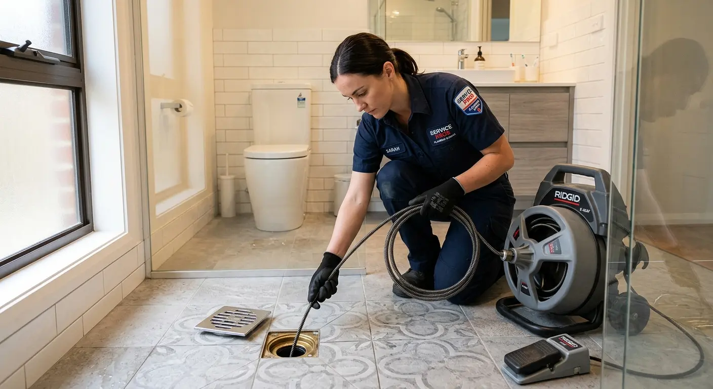 Technician clearing a bathroom floor drain for Drain Cleaning in Wesley Chapel